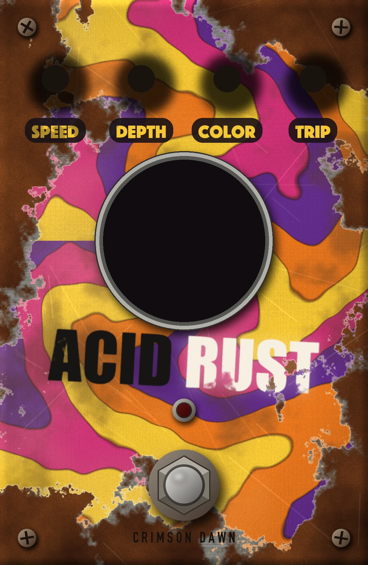 Acid Rust: pedal de pintura psicodélica laranja, amarela, magenta e roxa, com quatro botões e uma espiral que gira