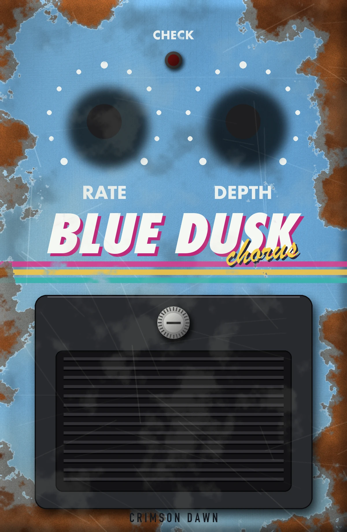 Blue Dusk: pedal compacto de esmalte azul lascado, com dois botões pretos, faixas coloridas dos anos 80 e uma placa de borracha de pisar