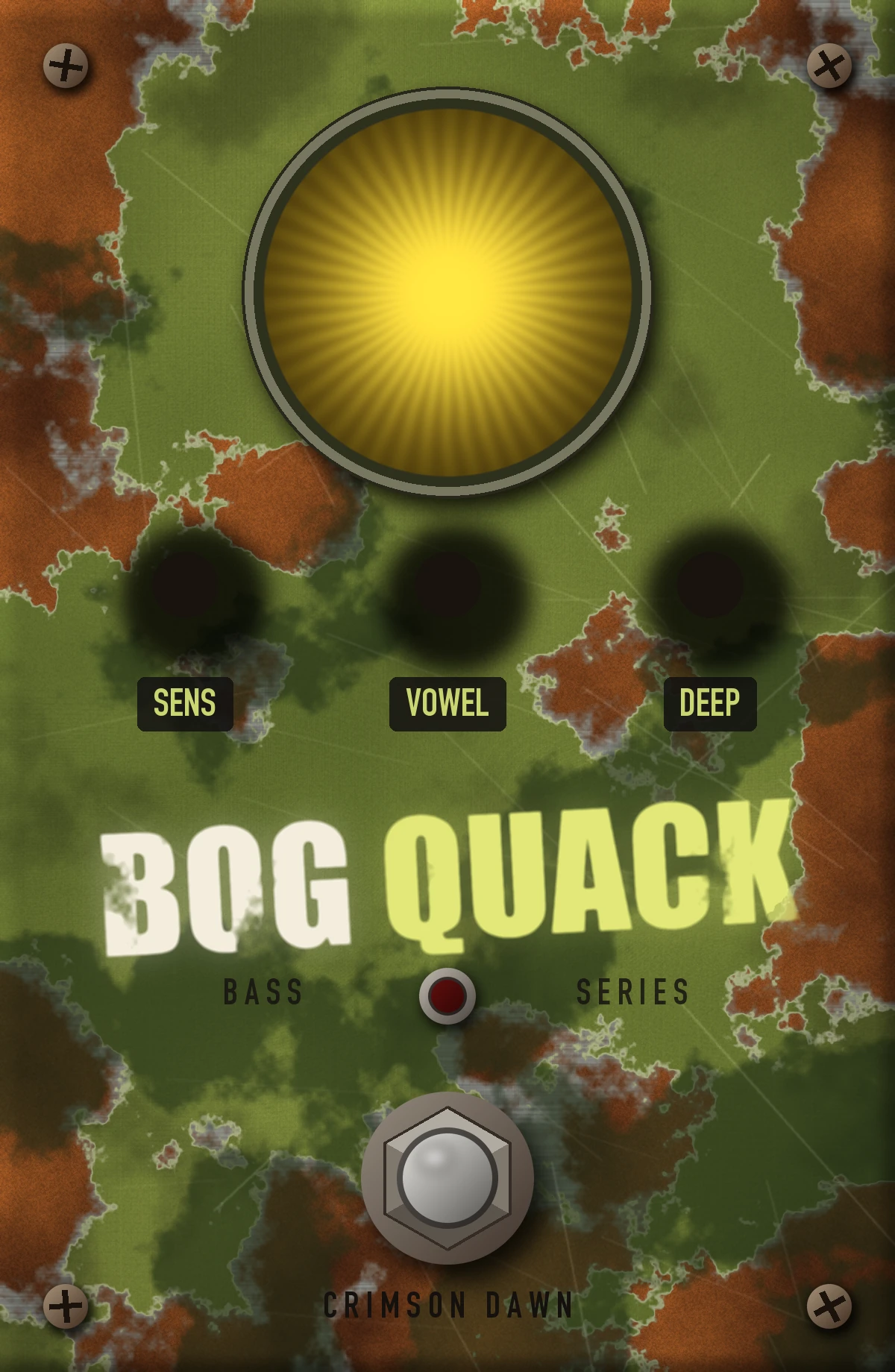 Bog Quack: pedal de lata verde-musgo com limo, um olho amarelo de sapo que abre a pupila com o som, três botões e um botão de pé cromado