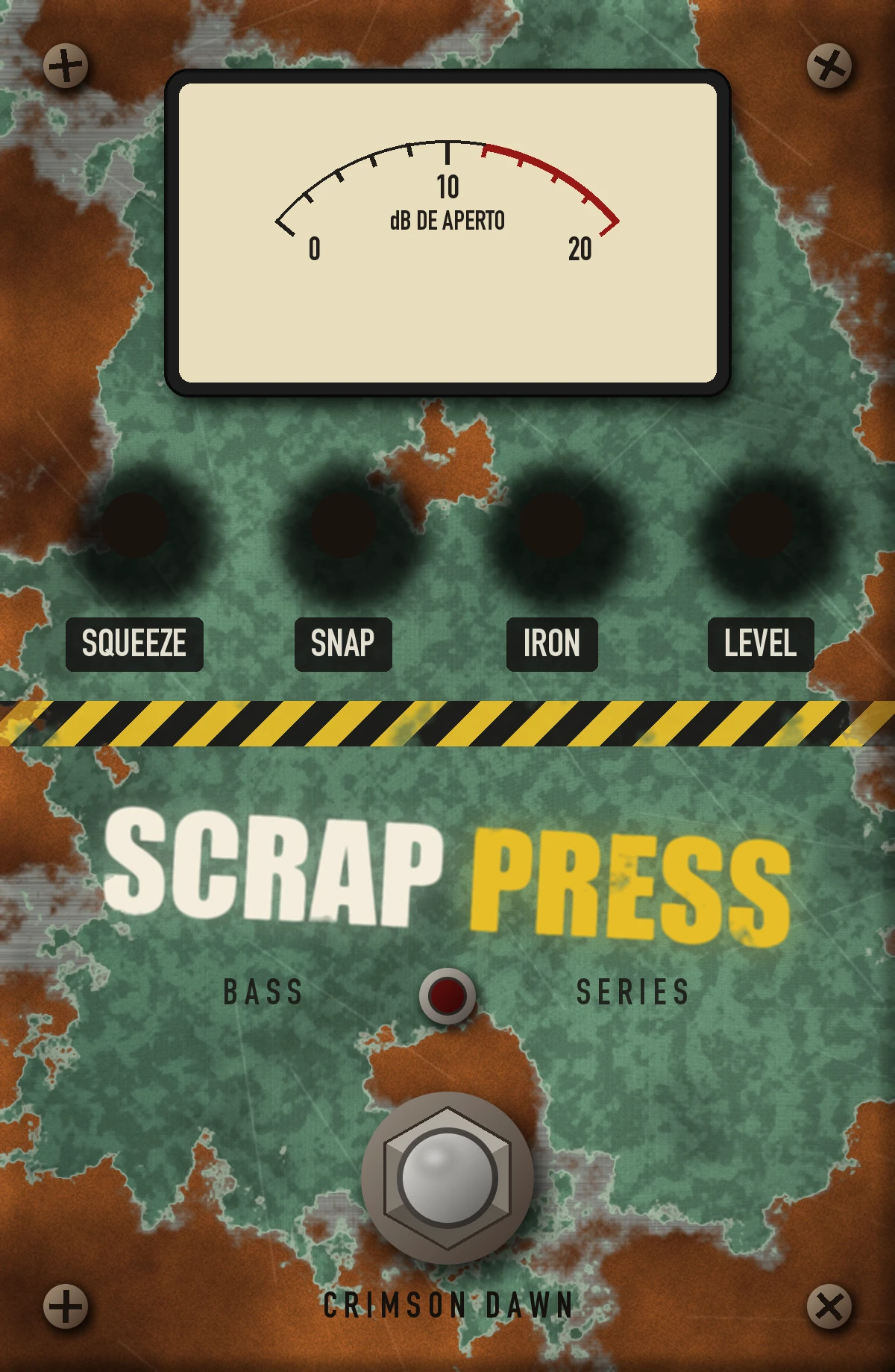 Scrap Press: pedal de lata verde de máquina, com um medidor de ponteiro, quatro botões, faixa amarela e preta e um botão de pé cromado