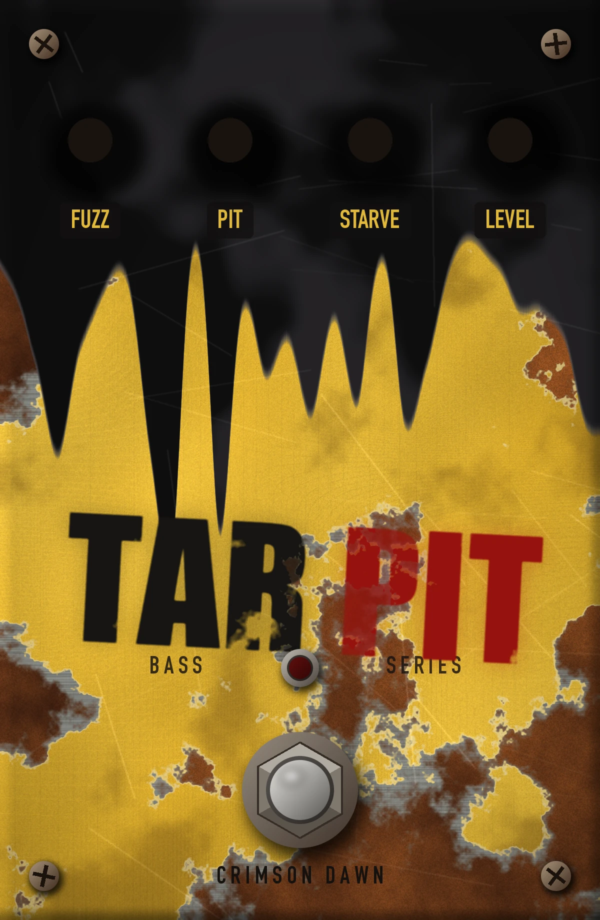 Tar Pit: pedal de lata amarela enferrujada com piche preto escorrendo de cima, quatro botões e um botão de pé cromado